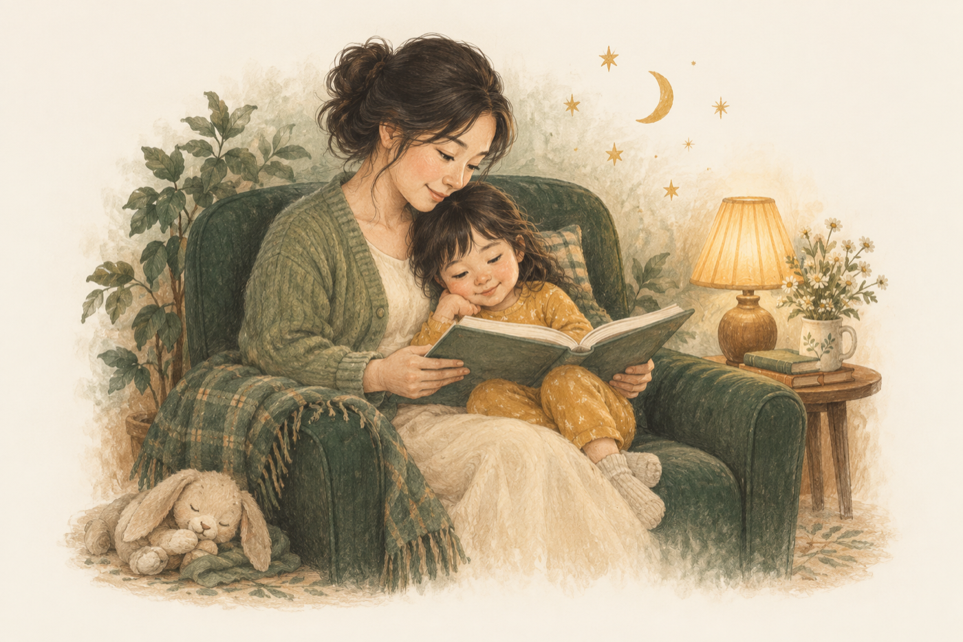 Minh họa mẹ và con cùng đọc sách dưới ánh đèn ấm áp